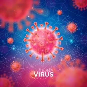 Covid-19. coronavirus outbreak design with red virus cell in microscopic view on blue background.  illustration template on dangerous sars epidemic theme for promotional banner or flyer. Free Vector