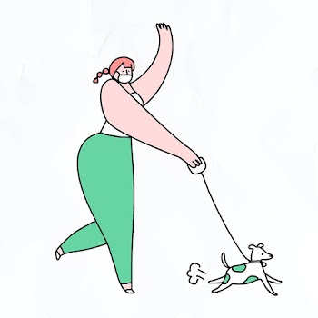 COVID-19 new normal psd woman walking dog doodle character