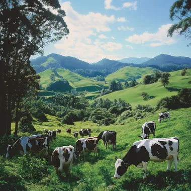 Cows Grazing in Lush Mountain Pasture Under Blue Sky and Clouds