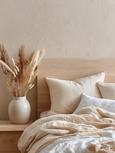 Cozy Bed Corner with Soft Linen and Dried Flowers Cozy Bed Corner with Soft Linen and Dried Flowers