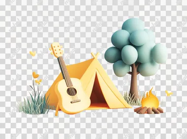 Cozy Camping: Tent, Campfire, and Guitar in Nature