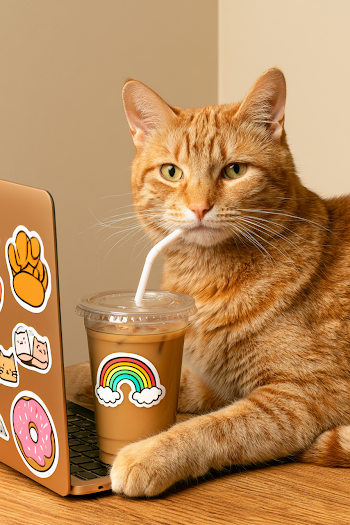 Cozy Cat at Workstation with Iced Coffee