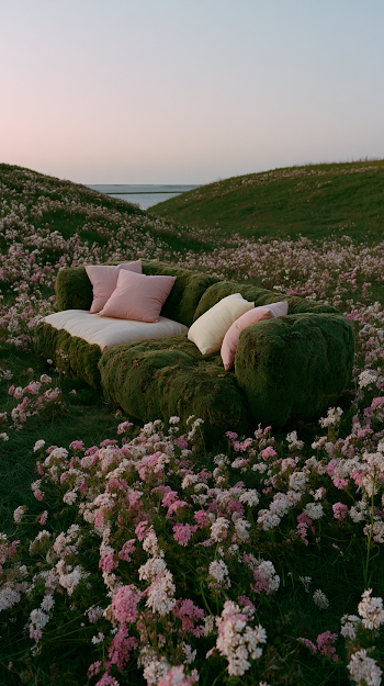 Cozy Moss-Covered Outdoor Sofa in Wildflower Field