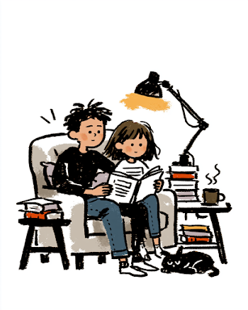Cozy Reading Scene with Children and Cat