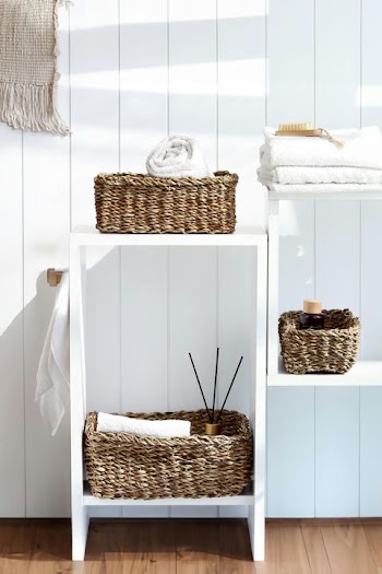 Cozy Rustic Storage Baskets on White Shelves