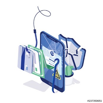 Cracked smartphone, credit cards and money on fishing hook and broken or shattered protective shield