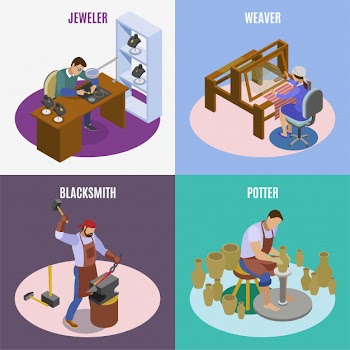 Craftsman isometric 4 icons square concept with hand loom weaver artisan jeweler blacksmith potter isolated Free Vector