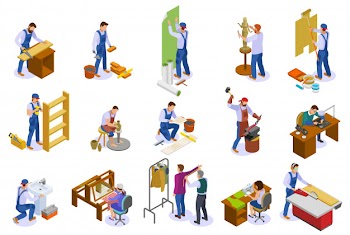 Craftsman isometric icons set with hand loom weaver carpenter sculptor tailor potter at work isolated Free Vector