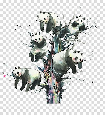 Crazy Animals s, five pandas on bare tree illustration transparent background PNG clipart