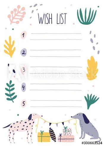 Creative colorful wish list template with dogs holding festive garland, gifts and plants