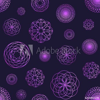 Creative seamless pattern with geometric shapes drawn with purple contour lines on black background