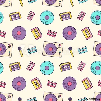 Creative seamless pattern with retro analog music player, cassette recorder, turntable, vinyl disc, microphone on light background