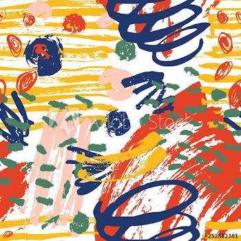 Creative seamless pattern with vivid paint stains, marks, traces, scribble on white background