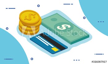 credit card with bill and pile coins design