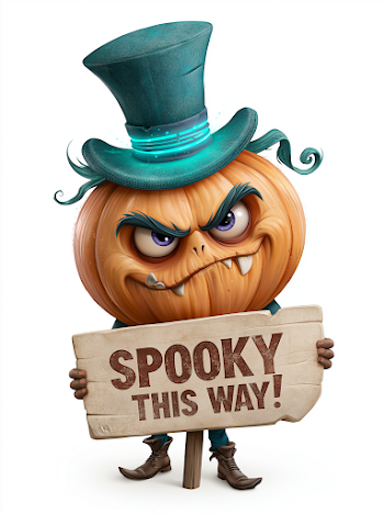 Creepy Pumpkin with Neon Blue Top Hat Holding a Spooky Sign