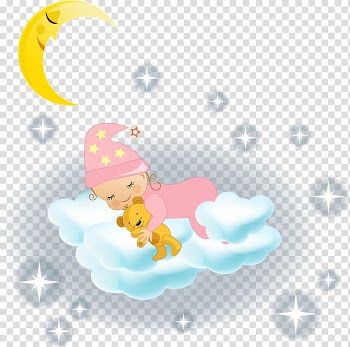 Crescent moon and a baby holding bear plush toy animated illustration, Cloud , Baby sleeping in the clouds transparent background PNG clipart