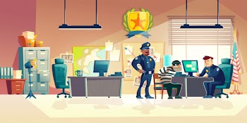 Criminal interrogation in police cartoon illustration Free Vector