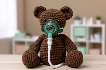 Crocheted Teddy Bear with Pediatric Nebulizer in a Modern Clinic