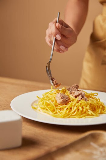 Cropped shot of woman putting chicken meat onto spaghetti in plate