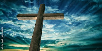 Crucifixion of Jesus Christ, wooden cross, sky at sunset background. 3d illustration