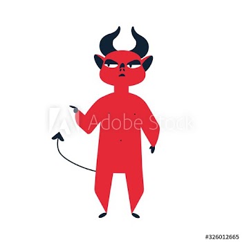 Cruel red devil with horns and tail pointing finger on something vector flat illustration