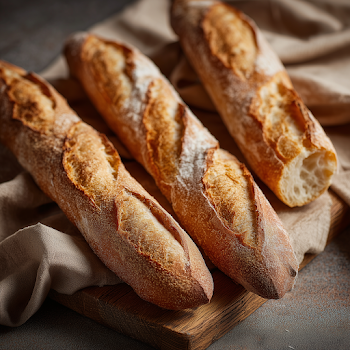 Crusty French Baguettes on Wooden Board