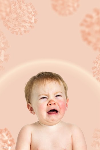 Crying baby on a pink coronavirus contaminated background | Free  illustration - 2321548