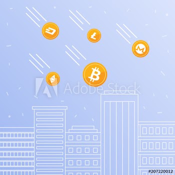 Cryptocurrency coins falling down to the downtown skyscrapers