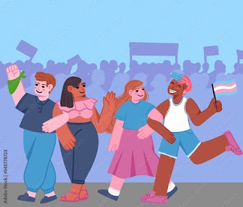 Cuatro amigues en una Marcha por la Diversidad Sexual