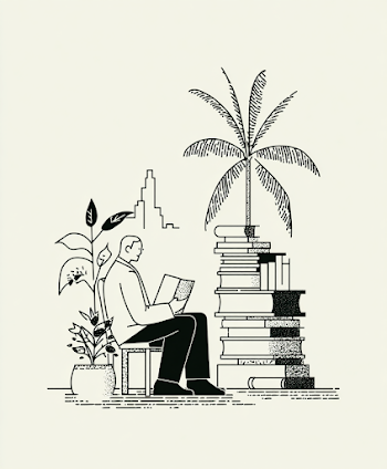 Cultivating Knowledge: A Man Reading Among Books and Plants