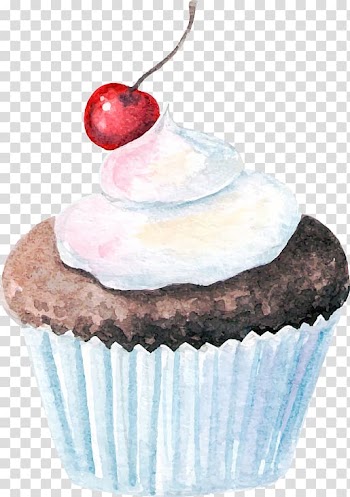 Cupcake with cherry illustration, Watercolor Cupcakes transparent background PNG clipart