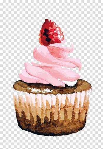 Cupcake with strawberry toppings illustration, Cupcake Strawberry cream cake Birthday cake Watercolor painting, Drawing strawberry cream cake transparent background PNG clipart