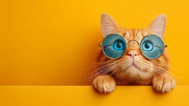 Curious Ginger Tabby Cat in Stylish Blue Sunglasses Curious Ginger Tabby Cat in Stylish Blue Sunglasses