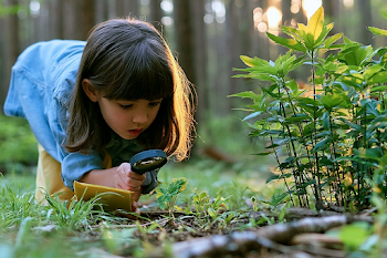 Curious Girl Exploring Nature with Magnifying Glass