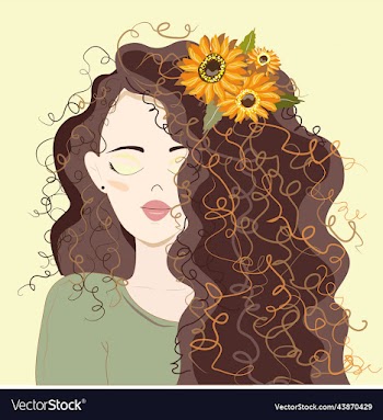 curly girl with sunflowers in her hair green