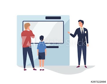 Customers near promotional stand flat vector illustration