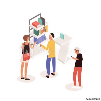 Customers standing near commercial promotional stand or shelves with books and talking to consultant
