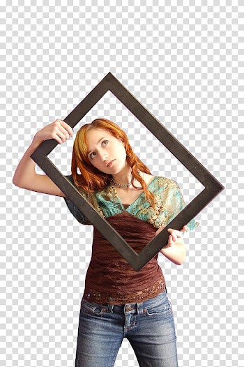 Cut Out Models , woman standing while holding rectangular brown wooden frame transparent background PNG clipart