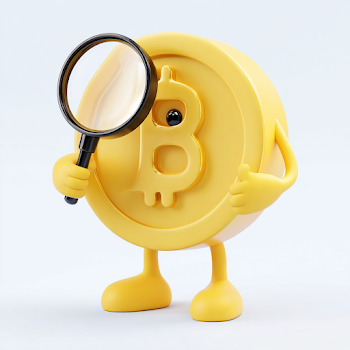 Cute 3D Bitcoin Character Inspecting Symbol