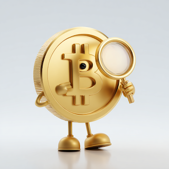 Cute 3D Bitcoin Character with Magnifying Glass