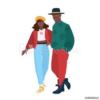 Cute African American couple wearing trendy clothes in 80-s style