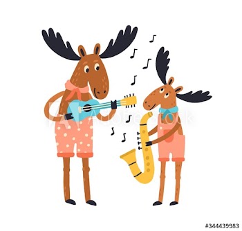 Cute amusing elk family playing musical instruments