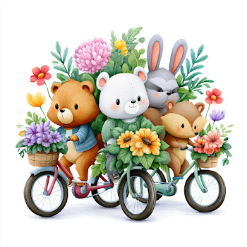 Cute Animal Friends Riding Bicycles in a Flower Field