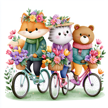 Cute Animal Friends Riding Bicycles in a Flower Field
