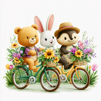 Cute Animal Friends Riding Bicycles in a Flower Field