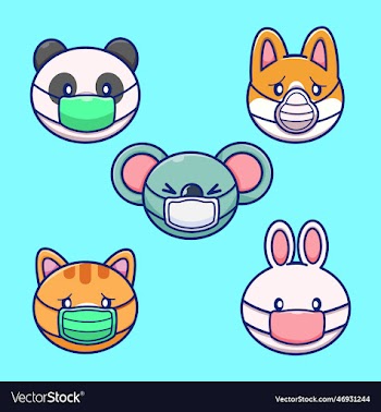 cute animals faces wearing medical mask cartoon
