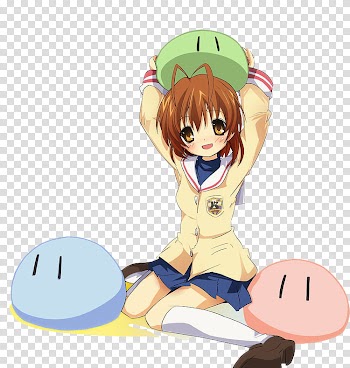 Cute anime render, brown haired female anime character sits with tree green, blue, and pink creatures transparent background PNG clipart