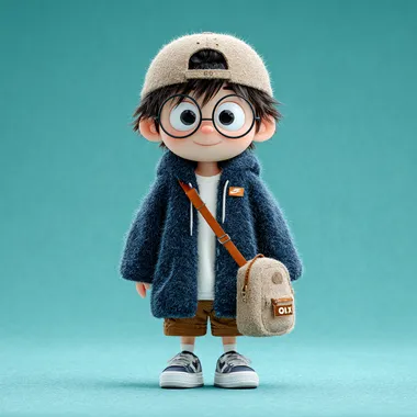 Cute Asian Boy in a Blue Coat with Schoolbag Cute Asian Boy in a Blue Coat with Schoolbag