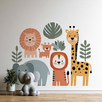 Cute Baby Elephant and Safari Animals Nursery Mural