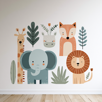 Cute Baby Elephant and Safari Animals Nursery Wall Mural